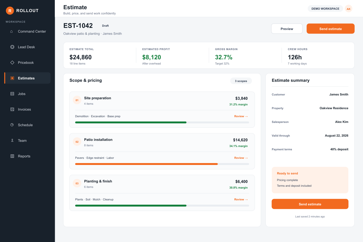 Rollout estimate screen with sanitized demo data
